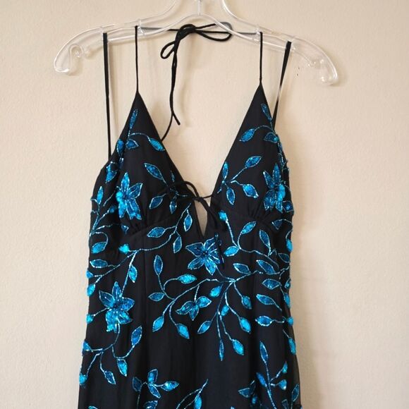 CACHE Vintage Asymmetrical Dress Embellished Glam Size Large Black Blue Y2K 90s - Picture 4 of 13